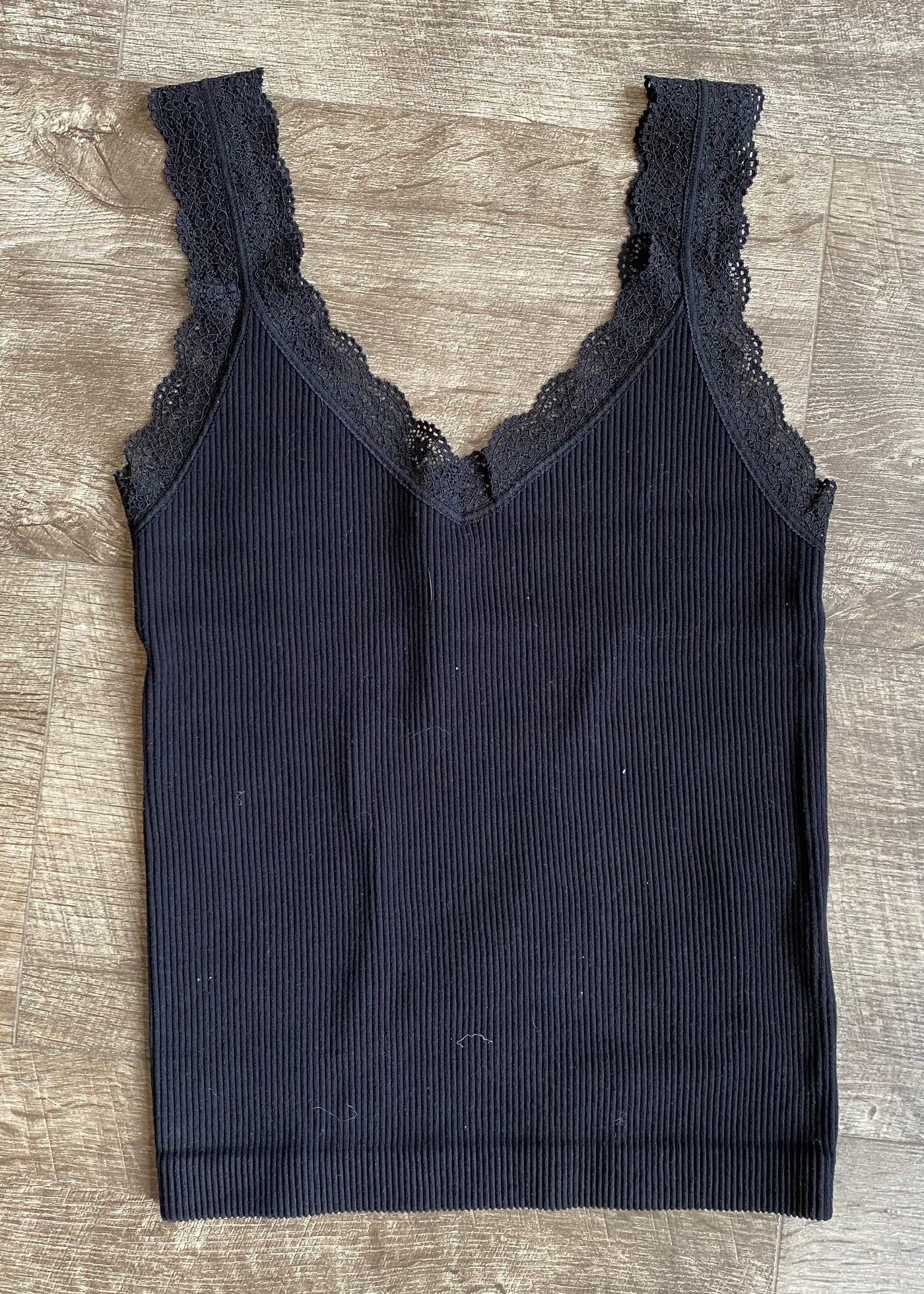 Lace Ribbed Cami- Black