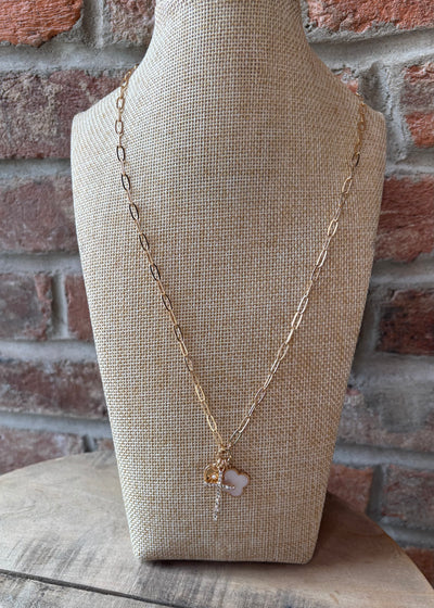 Pave Heart Cross & Shell Charms Necklace- Gold