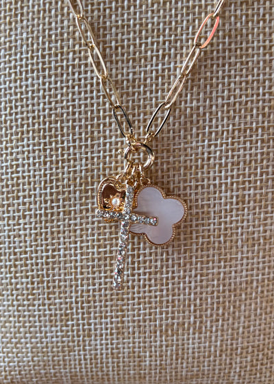 Pave Heart Cross & Shell Charms Necklace- Gold